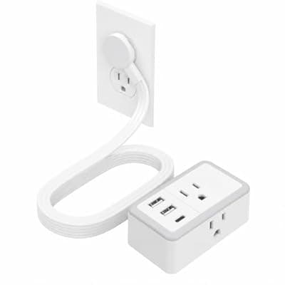 [NTONPOWER] NTONPOWER Flat Plug Extension Cord, 5 FT Slim Flat Power Strip with 3 AC Outlets & 3 USB Ports (1 USB-C Port), Wall Mountable White Extension Cord for Home, Office, Dorm Room Essentials