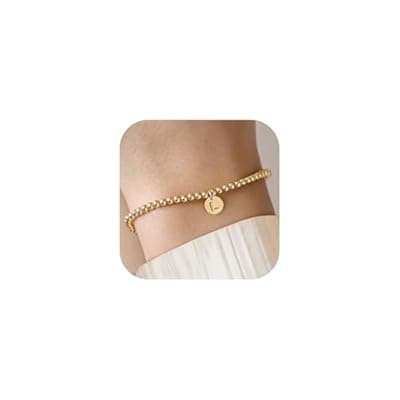 [BAYLAY] BAYLAY Gold Initial Bracelets for Women Jewelry, 14K Gold Plated Beaded Letter Bracelet Dainty Disc Charm Bracelets for Women Trendy Jewelry Gifts