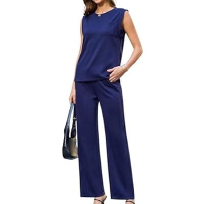 [difficort] difficort 2 Piece Lounge Sets for Women Round Neck Vest Sleeveless Tops Straight Leg Pants Matching Outfits with Pockets