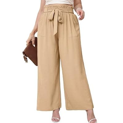 [AusLook] AusLook Women's Plus Size Wide Leg Lounge Pants with Pockets High Waisted Palazzo Adjustable Tie Knot Flowy Trousers