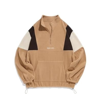 [ZAFUL] ZAFUL Men's Fluffy Polar Fleece Sweatshirt NEW YORK Embroidery Colorblock Half Zip Unisex Hoodie