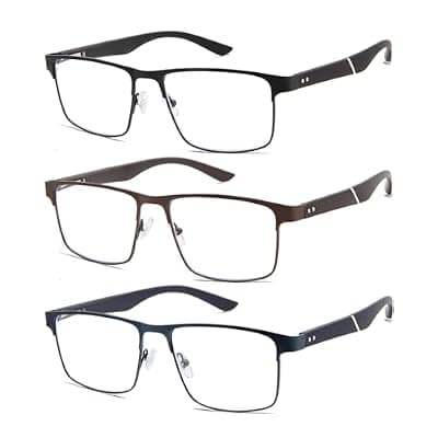 [Babrvma] Babrvma 3 Pack Reading Glasses for Men, Blue Light Blocking Rectangular Readers with Spring Hinge, Metal Frame Anti Glare UV