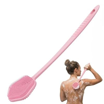 [Redfly] Redfly Silicone Back Scrubber for Shower Brush, 17 inch Long Handled Silicone Body Scrubber for Men & Women, Double Sided Shower Scrubber for Body Brush Exfoliator and Massage, Pink