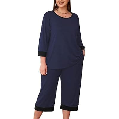 [AusLook] AusLook Women’s Plus Size Pajama Sets Soft 3/4 Sleeve Nightwear Top and Capri Pants 2 Piece Lounge Set with Pockets 1X-5X