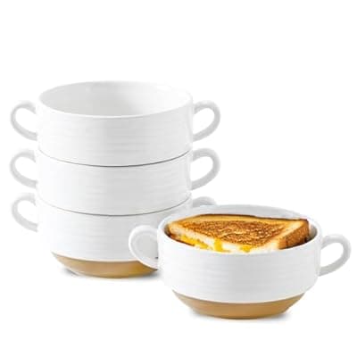 [HASENSE] HASENSE Ceramic Soup Bowls with Handles, 24 Oz French Onion Soup Crocks Set of 4, Stackable White Serving Bowls for Stew, Chili & Cereal, Oven Microwave Dishwasher Safe, Christmas Kitchen Gift