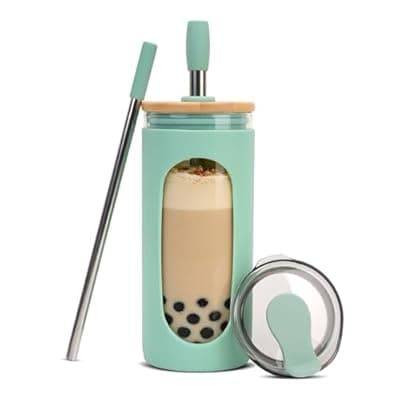 [Sursip] Sursip Glass Cup Tumbler with Straw and Lid, 20 oz Reusable Borosilicate Glass Coffee Cup with Lids for Iced Coffee, Smoothie, Boba, Juice,Travel to Go Tumbler BPA-Free - Light Green