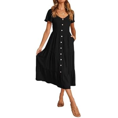 KIRUNDO Women 2025 Spring Summer Casual Short Sleeve Midi Dress Button V Neck Tiered Vacation Sundress with Pockets