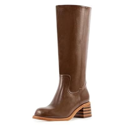 [WIRALOMI] WIRALOMI Women's Knee High Campus Boots Square Toe Chunky Block Low Heel Vintage Long Boots for Women Wide Calf