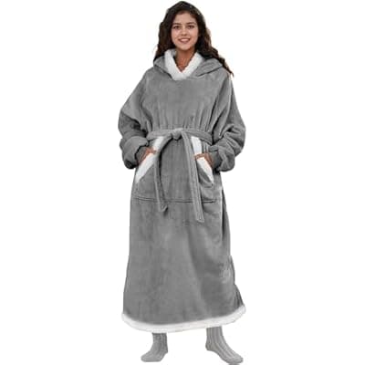 [Eydna] Eydna Wearable Blanket Hoodie Sweatshirt Oversize For Adults - Cozy Flannel And Fleece With Hood, Giant Pocket and Adjustable Belt - Light Gray