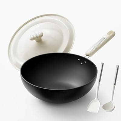 [stackbear] Carbon Steel Wok Pan - 11.8 Inch Pre-Seasoned Flat Bottom Chinese Woks & Stir Fry Pans with Lid, Lightweight Kitchen Cookware for All Stovetops, Gas, Electric, Gift for Women/Mom with Spatula Spoon