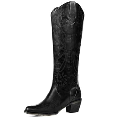 [heelchic] heelchic Cowboy Boots for Women Western Cowgirl Boots Retro Embroidered Pointed Toe Chunky Heel Pull On Knee High Boots for Country Concert Festival