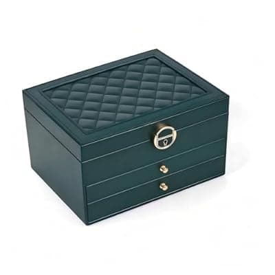 [Generic] 3-Layer Jewelry Box for Women Girl Wife, Jewelry Organizer with 2 Drawers, Removable Jewelry Tray, PU Leather Jewelry Storage Case for Necklaces Rings Earrings Bracelets Watches (Forest Green)