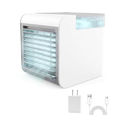 [HOXILEELEO] Portable Air Conditioner Fan, 4-in-1 Mini Air Cooler with 450ML Water Tank, 3 Speeds Portable Fan 7 Colors LED Ambient Light, Mini Evaporative Cooler Desktop Humidifier Fan for Bedroom Office Travel