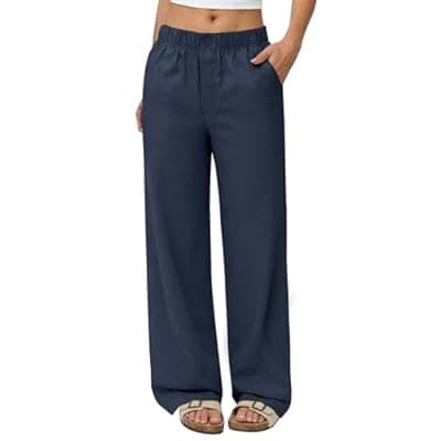 [COPYLEAF] COPYLEAF Linen Pants Women Wide Leg Elastic Waist Flowy Palazzo Casual Pants with Pockets Beach Travel Trousers