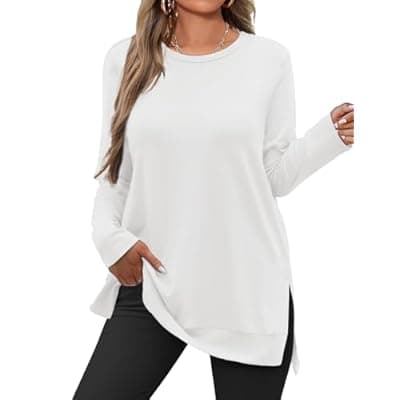 [JUSTFASHIONNOW] JUSTFASHIONNOW Womens Long Sleeve Tunic Tops to Wear with Leggings Crew Neck Side Split Layering Shirts Loose Fit Long Tops