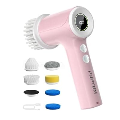 [PUFTEM] PUFTEM Shower Scrubber, Electric Spin Scrubber for Bathroom Cleaning – Cordless Shower Cleaner Brush with 6 Brush Heads, Dual-Direction Rotation, for Grout, Tile, Tub, Sink & Corners, Pink