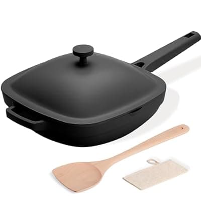 [USELUCK] USELUCK 10.5 Inch(3.8QT) Ceramic Pan with Lid,Non Stick Frying Pans Cast Aluminum Deep Sauté Pans,Ti-Ceramic Non Toxic Pix Pan with Wooden Spatula and Scrubber-Midnight Hearth