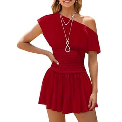 [Wenrine] Wenrine Women's Off The Shoulder Mini Dress Summer Short Sleeve Smocked Waist Y2K A Line Going Out Club Dresses