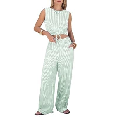 [EXLURA] EXLURA Womens 100% Cotton 2 Piece Outfits Stripe Drawstring Crop Tank Tops Wide Leg Pant Sets Faux Linen Summer Cruise Beach