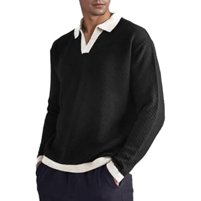 [BAYAMO] BAYAMO Mens Polo Sweater V Neck Long Sleeve Pullover Sweater Casual Knit Textured Sweater