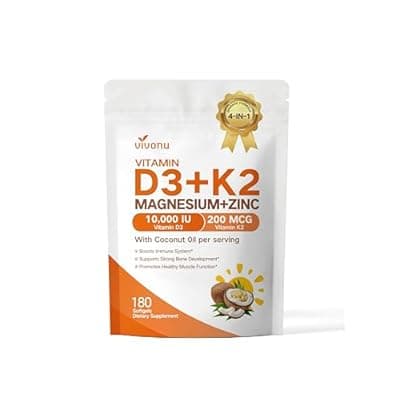 [VivoNu] VivoNu Vitamin D3 K2 10,000 IU Magnesium Supplement – 4-in-1 with Vitamin D and K (MK-7), Magnesium Glycinate & Zinc Citrate – 180 Softgels for Energy, Bone* & Muscle* Support*