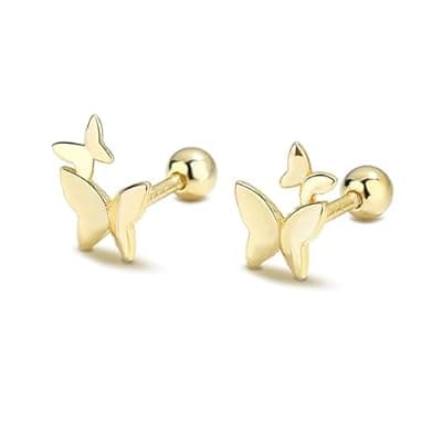 XIUQILAI 14K Gold Plated Stud Earrings for Women, with 925 Sterling Silver Posts, Heart/Butterfly/Snake Small Earring Lightweight Clip On Stud, Cartilage Helix Piercing