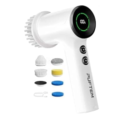 [PUFTEM] PUFTEM Upgraded Electric Spin Scrubber, Powerful Cordless Shower Scrubber with 4500mAh Large Battery & Speed Display, 6 Replaceable Brush Heads, Cleaning Brush for Bathroom Tile Tub Floor (White)