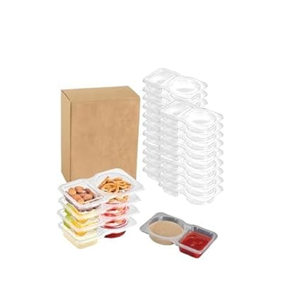 [Carastora] Carastora 20-Pack Snack Containers with Lids, Disposable Double Compartment Sauce Cups, Portable Plastic Boxes for Snacks, Dips, Meal Prep, Portion Control, School, Office, Camping & Travel