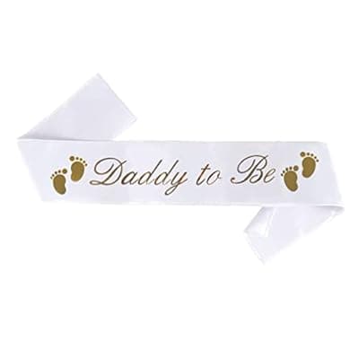 [Cherub & Stork] Daddy to Be Sash - Classy Baby Shower Sash for Dad to Be, (White w/Gold Lettering) Baby Shower Party Decorations, Gifts, Favors, Supplies Boy & Girl, Dad to Be Gender Reveal Father to Be (White)