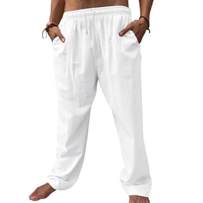[BAYAMO] Mens Lounge Linen Pants Baggy Yoga Slacks Lightweight Drawstring Sweatpants Travel Work Elastic Waist Trousers(White,3XL)