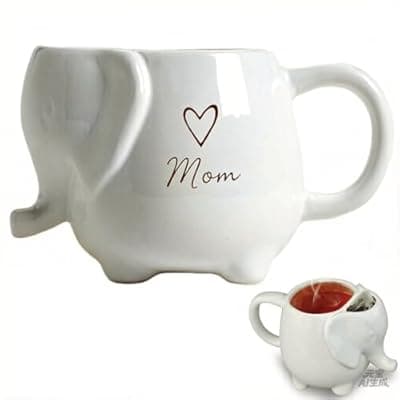 [ZAGEVIVIN] ZAGEVIVIN Elephant Ceramic Tea Mug with Tea Bag Holder, Grandma Design with Heart, White Stoneware Coffee Cup, 15 oz, Microwave and Dishwasher Safe (Mom)