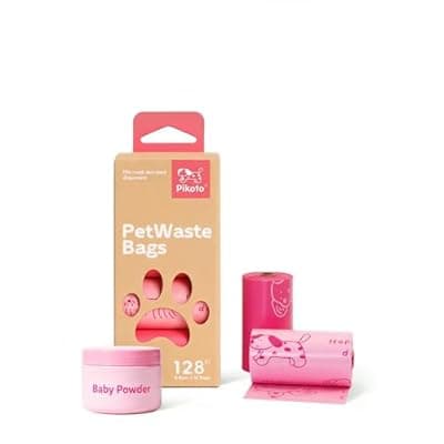 [Pikoto] Pikoto Dog Poop Bags Rolls, 128 Count (8 Refills) - 60% Recycled Plastic Baby Powder Scented - Leak Proof, Extra Thick Waste Bag with Easy-Peel Sticker (Pink)