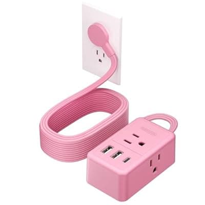 [NTONPOWER] NTONPOWER Pink Extension Cord 15 ft, Pink Power Strip Flat Wall Plug with 3 Outlets 3 USB (1 USB C), Flat Extension Cord for Home Office Dorm Room Essentials