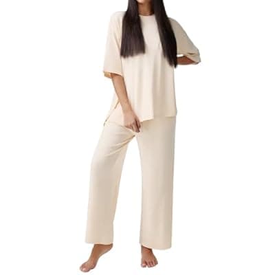 [REORIA] REORIA Womens Fall Lounge Sets Sleepwear Short Sleeve Tops and Long Pants 2 Piece PJ Pajama Sets
