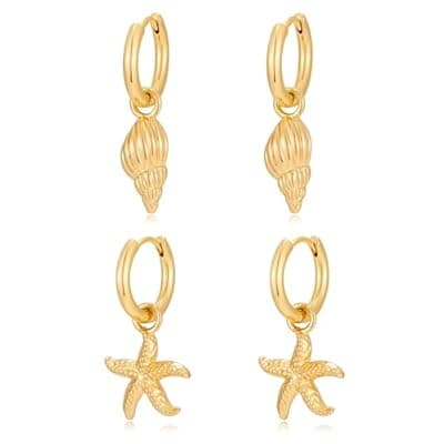 [HESSAWELL] HESSAWELL Gold Hoop Earrings for Women,Gold Starfish Conch Earrings Stack Simple Cute Hoop Earrings Fashion Jewelry Set