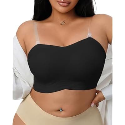 [LIIJOO] LIIJOO Strapless Bandeau Bra, Wireless Non-Slip with Clear Straps, Side Buckle Closure, Removable Pads