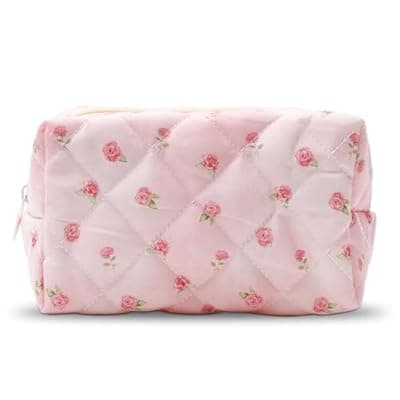 [BACDOILQ] BACDOILQ Quilted Makeup Bag, Floral Cotton Cosmetic Bag, Vintage Flowers Coquette Makeup Pouch for Women Girls, Aesthetic Organizer Bags Travel Toiletry Bags