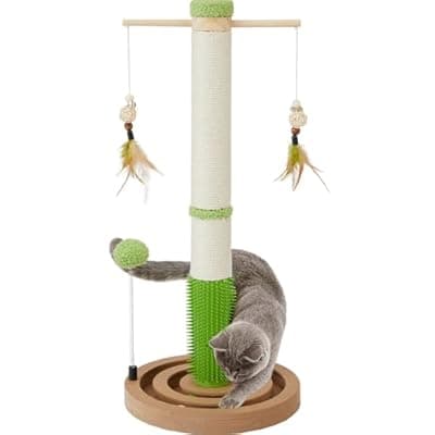 [EMUST] Cat Scratching Post, 26 Inch Tall Scratching Posts for Indoor Small Cats and Kittens, Sisal Cat Scratcher Post with Rotating Hanging Toys, Groomer Brush and Double-Layer Interactive Wooden Ball Track