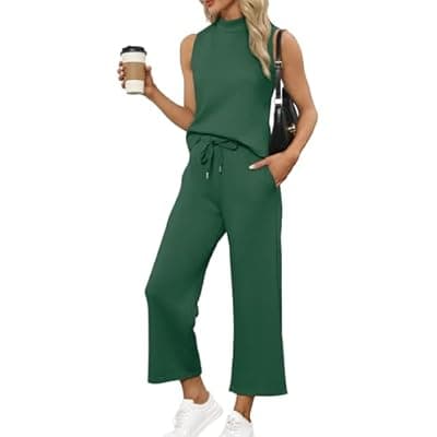 SAMPEEL Two Piece Sets for Women Summer Outfits Lounge Sets Mock Neck Tops Wide Leg Crop Pants Vacation Travel Outfits