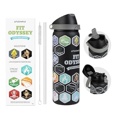 [XTUSIMPLE] 32 oz Motivational Insulated Stainless Steel Water Bottle for Sports, Gym & Travel, 2-in-1 Push-Button Spout & Quick-Flip Straw, Leak-Proof BPA-Free, Keeps Cold 30H, with DIY Fitness Stickers