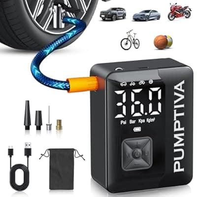 [Pumptiva] Pumptiva Tire Inflator Portable Air Compressor, 3X Faster Portable Tire Inflator for Car 150PSI Air Pump for Car Tires with LED Light, Auto Shut-Off for Motorcycle, Bicycle, Bike, Ball (Black)