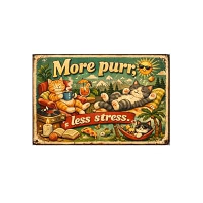 [Carastora] More Purr Less Stress Vintage Tin Sign Funny Cat Wall Decor Relaxing Kitten Illustration Retro Metal Plaque Cute Animal Art Home Office Wall 8x12 Inch Pre Drilled Holes