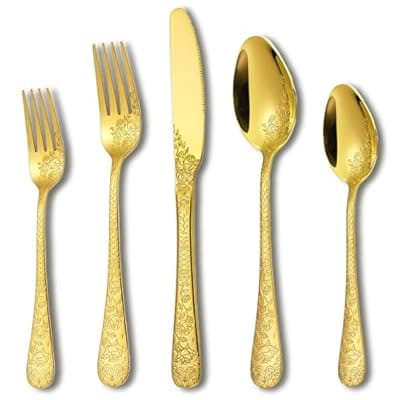 [Runfly] Runfly Vintage Carved Floral Gold Silverware Set for 4, Stainless Steel 20-Piece Flatware Set with Knife/Fork/Spoon, Cutlery Set for Home and Kitchen, Modern Utensil Set