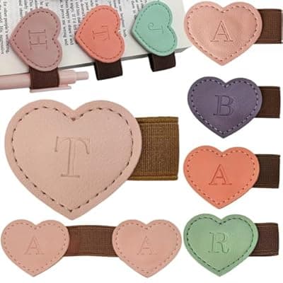 [OOEOO] Personalized Magnetic Leather Heart Bookmark with Pen Holder - 26 Letters Custom Book Mark Notebook Pencil Loop with Initial Book Marker for Readers, Book Lovers- Gifts for Women Men(Pink,T)