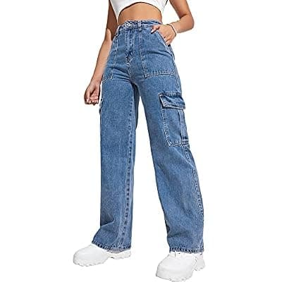 [Flvsun] Women's Cargo Pants High Waisted Baggy Cargo Jeans Straight Leg Y2K Streetwear Trousers 6 Pockets for Women Teen Girl.