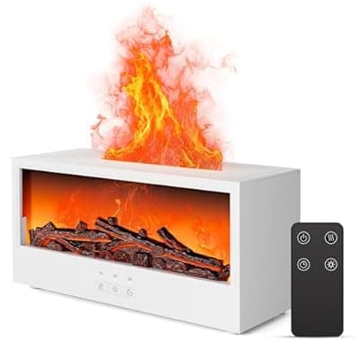 [Hotwill] Fireplace Flame Air Diffuser Humidifier,7 Colors Aromatherapy Essential Oil Diffuser, Ultrasonic Aroma Humidifier with Remote Control & Timer for Bedroom, Home, Office, Yoga (White)