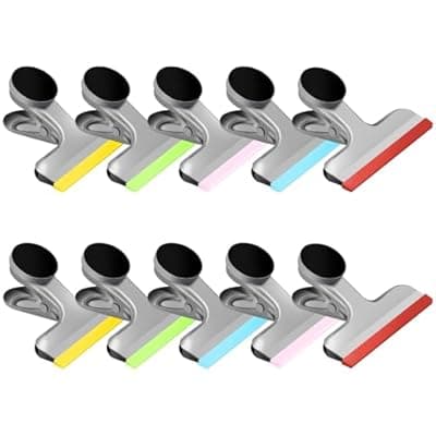 [HOUSE AGAIN] HOUSE AGAIN 10 Pack Stainless Steel Magnetic Chip Bag Clips Covered with Silicone - NO More Sharp Edges - Color Coded for Food Bags - Hang Postcards Heavy Duty for Kitchen and Office, 3 Inches Wide