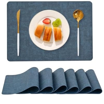 [Boobezeen] Boobezeen Faux Leather Placemats Set of 6, Heat Resistant Wipeable Washable Vinyl Place Mats, Waterproof Anti-Slip Dining Table Mats, Suitable for Indoor & Outdoor Use (Navy Blue)
