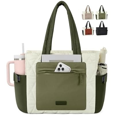 [RAINSMORE] RAINSMORE Work Tote Bag for Women, Puffer Laptop Tote Bag for Teacher Large Lightweight Quilted Travel Bag with Cup Holder