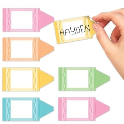 [Hadley Designs] Self Adhesive Name Tags Sticker -70 Student Nametags Sticker, Cubby Name Tags for Classroom Decor, Classroom Labels for Bins, Reunion Baby Shower Birthday Party Supplies, Crayon Sticky Locker Tags